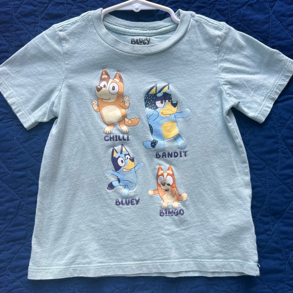 Bluey 4T Kids T-Shirt - Light green.  Bluey, Bingo, Bandit, Chilli